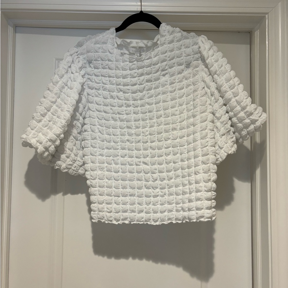 Anthropologie White Textured Bubble-Sleeve Top